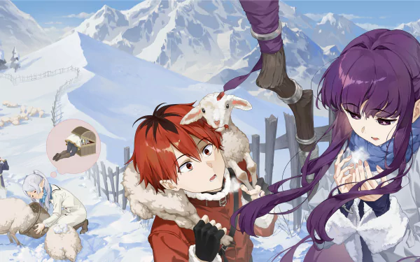 Anime scene from Frieren: Beyond Journey's End featuring Stark holding a lamb and Frieren looking on, set against a snowy mountain backdrop, in 4K Ultra HD.