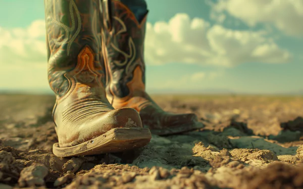 HD wallpaper featuring a close-up of dusty cowboy boots on cracked ground, under a clear blue sky.