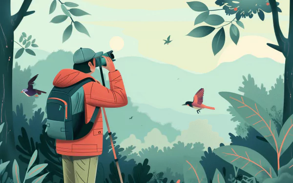 An illustrated HD desktop wallpaper featuring a person with binoculars birdwatching in a lush green forest with birds flying in the serene sky.