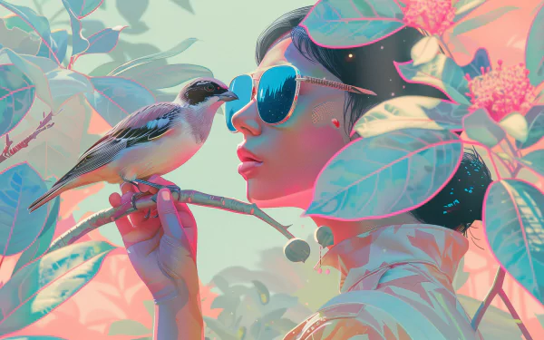 Aesthetic HD wallpaper of a stylized woman in sunglasses engaging in birdwatching with a small bird on a branch, featuring vaporwave-inspired colors and design.