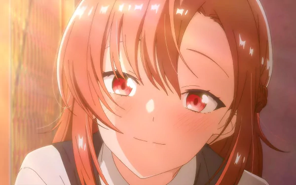 HD desktop wallpaper from Whisper Me a Love Song anime, featuring a close-up of a blushing character with amber eyes.