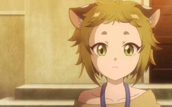 HD anime wallpaper featuring a character with cat-like ears and big green eyes from The New Gate, looking slightly surprised or curious, set against a soft, indoor background.