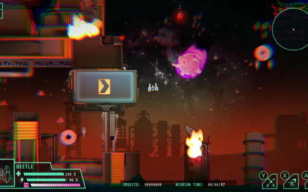 HD desktop wallpaper from the video game Lunar Lander: Beyond depicting a colorful cosmic scene with a spaceship, asteroids, and interactive game elements.