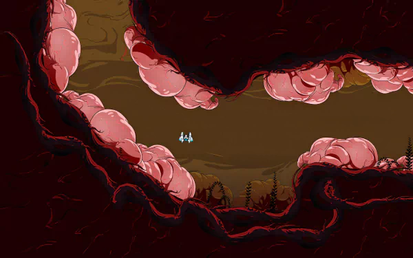 HD desktop wallpaper from Lunar Lander: Beyond video game depicting a lander navigating a cavern with reddish rocky walls and a brownish backdrop.