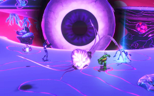 HD wallpaper from the video game Teenage Mutant Ninja Turtles Arcade: Wrath of the Mutants, featuring a dynamic battle scene with one of the turtles and surreal alien-like surroundings.