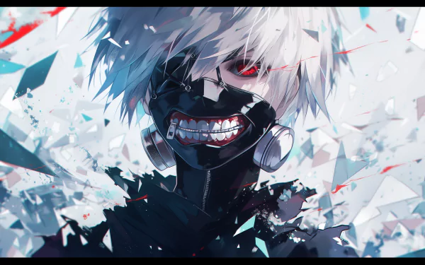 HD wallpaper featuring Ken Kaneki from Tokyo Ghoul anime, with a dynamic depiction of his white hair and signature ghoul mask with a red eye, surrounded by shattered blue and white fragments against a dark backdrop.