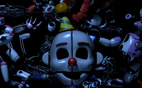 Dark, detailed 8K Ultra HD PC wallpaper featuring animatronic parts from Five Nights at Freddy's: Sister Location with a central split-faced clown mask.