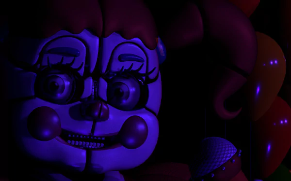Close-up 8K Ultra HD PC desktop wallpaper of Circus Baby from Five Nights at Freddy's: Sister Location — purple-blue lit animatronic face with glasses, pigtails and a microphone.