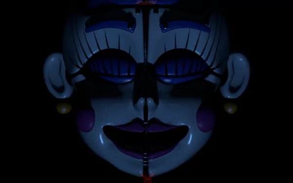 Close-up of the eerie animatronic face from Five Nights at Freddy's: Sister Location, rendered in 8K Ultra HD for a dark PC desktop wallpaper.