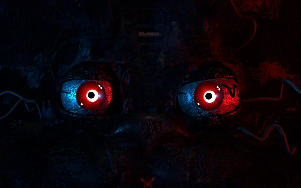 Close-up of glowing red and blue eyes from a dark, eerie animatronic in Five Nights at Freddy's 4, rendered as an 8K Ultra HD PC desktop wallpaper.