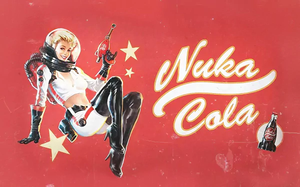 HD desktop wallpaper featuring a stylized Fallout 4 Nuka-Cola advertisement with a retro-futuristic female character.