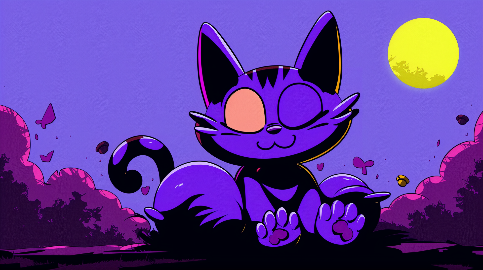 HD desktop wallpaper featuring CatNap from Poppy Playtime, depicted as a playfully smiling cartoon cat under a moonlit sky.