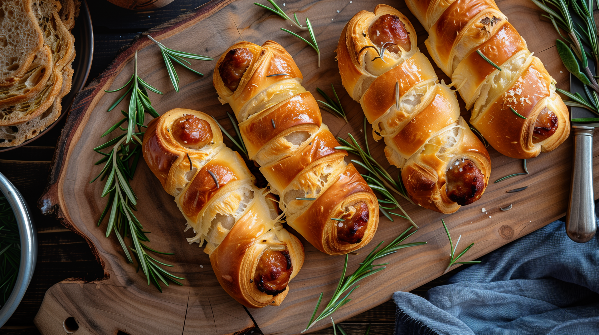 Delicious Pigs in a Blanket arranged on a wooden platter, garnished with fresh rosemary, creating a mouthwatering HD wallpaper and background for food lovers.