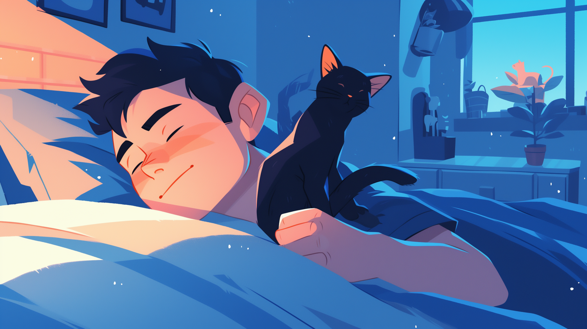 HD wallpaper featuring a man sleeping peacefully with a black cat on his back, in a room bathed in soft blue morning light.