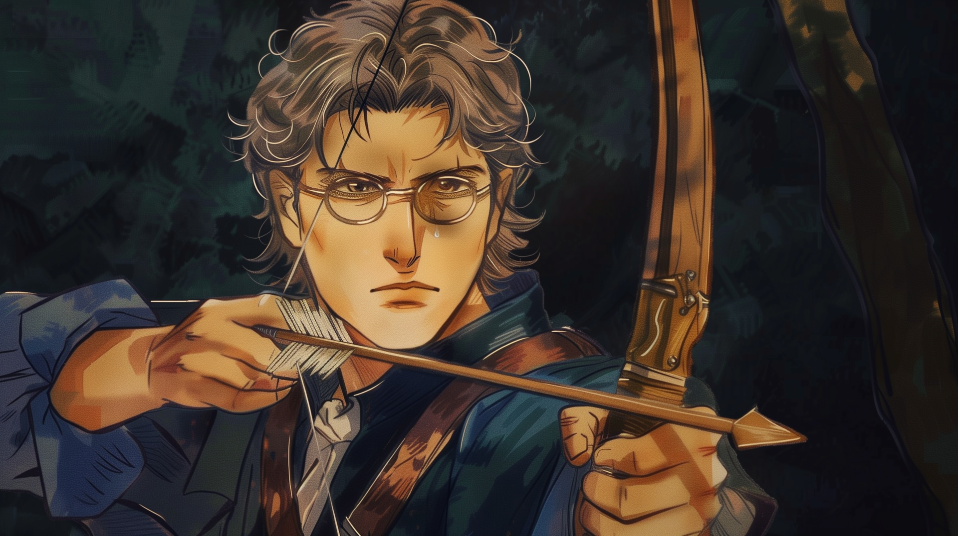 HD desktop wallpaper featuring an illustrated archer with glasses, holding a bow and arrow, set against a forest background.