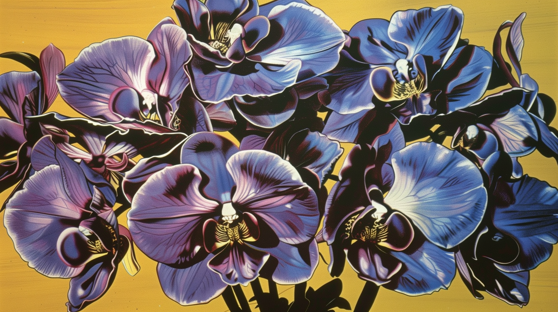 HD desktop wallpaper featuring vibrant purple flowers with a golden yellow background.