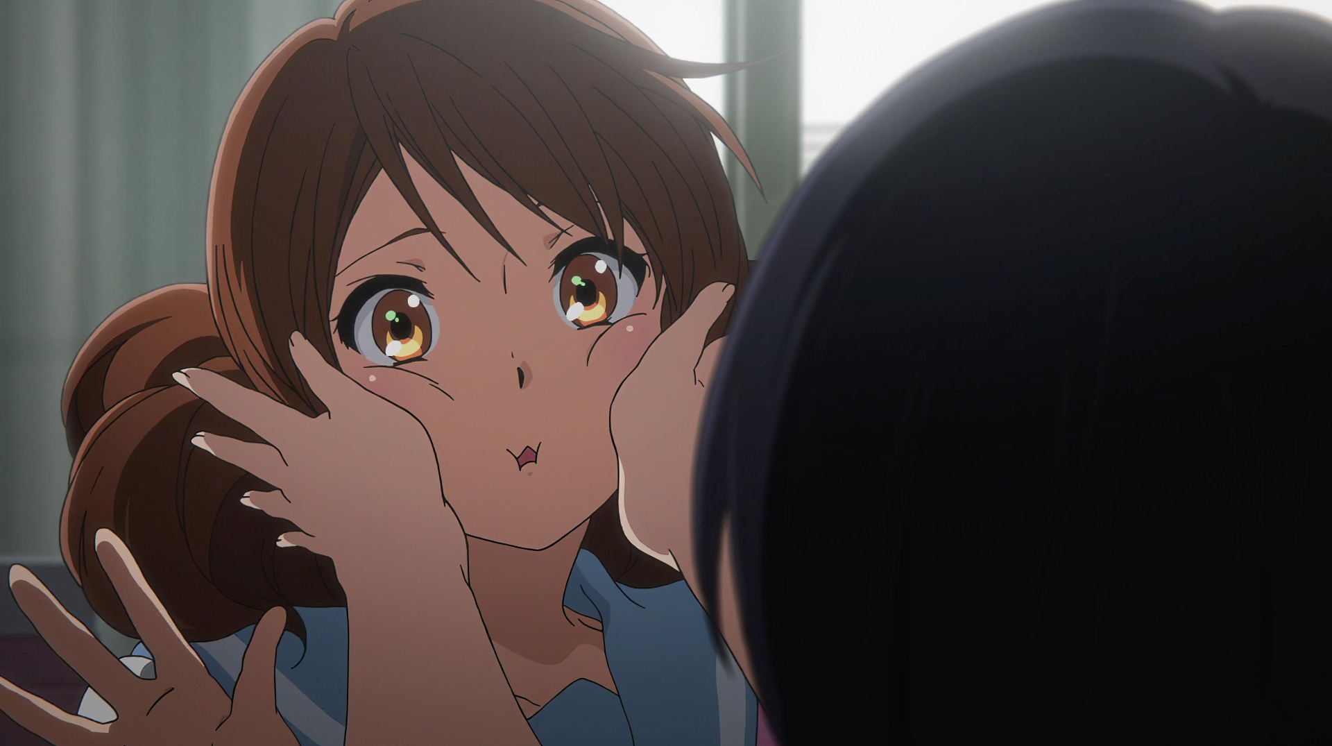 HD desktop wallpaper featuring Kumiko Oumae from Sound! Euphonium, excitedly looking up with a euphonium close to her face.