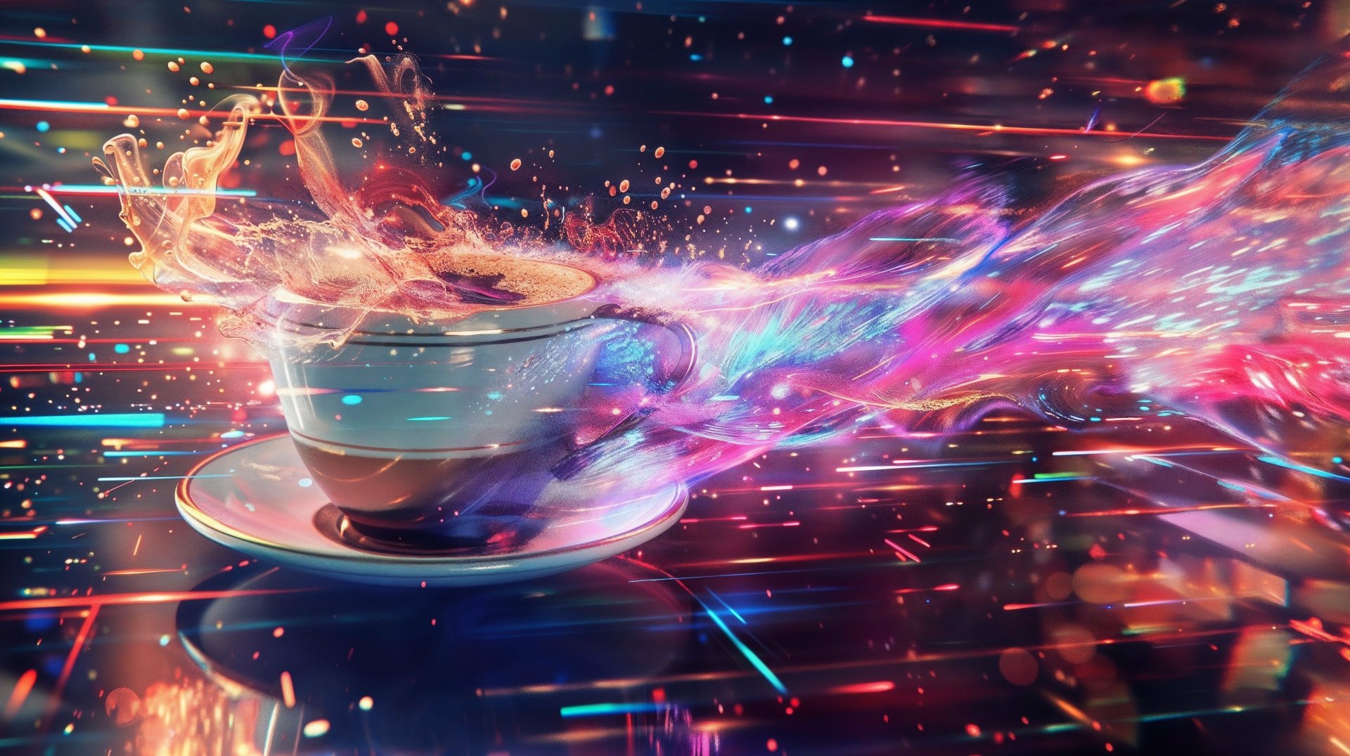 A vibrant HD desktop wallpaper featuring a coffee cup enveloped in dynamic, colorful light streaks, creating a visually striking and energetic background.