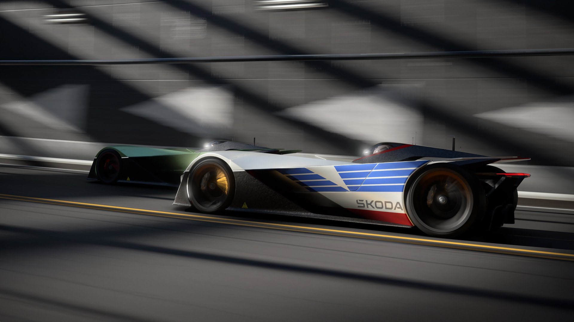 HD wallpaper of a Škoda Vision GT racing car speeding on a track, featuring dynamic shadows and lighting.