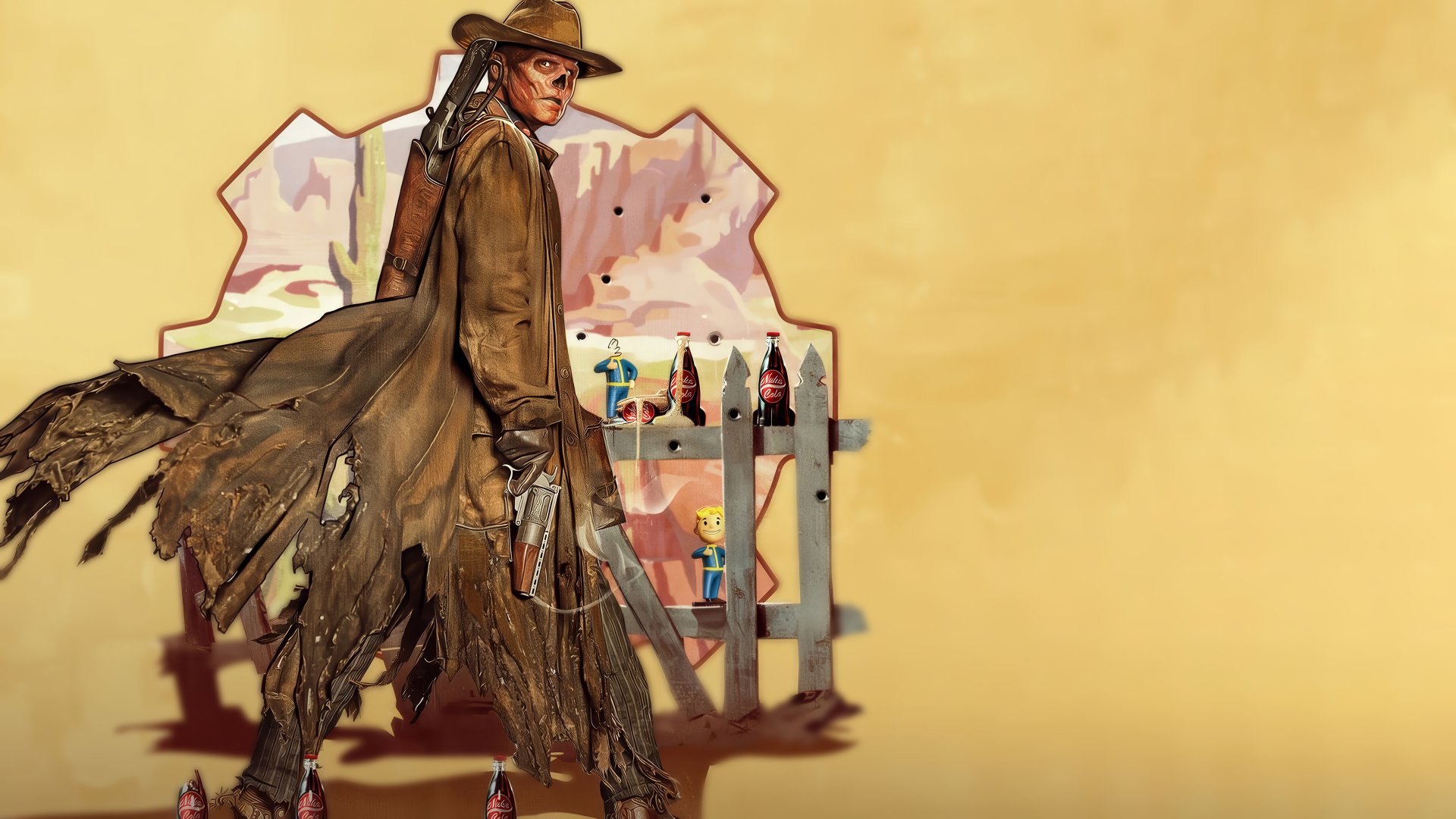 HD desktop wallpaper from the TV show Fallout featuring a character in a tattered coat and hat, standing beside bottles on a shelf, set against a yellow background.
