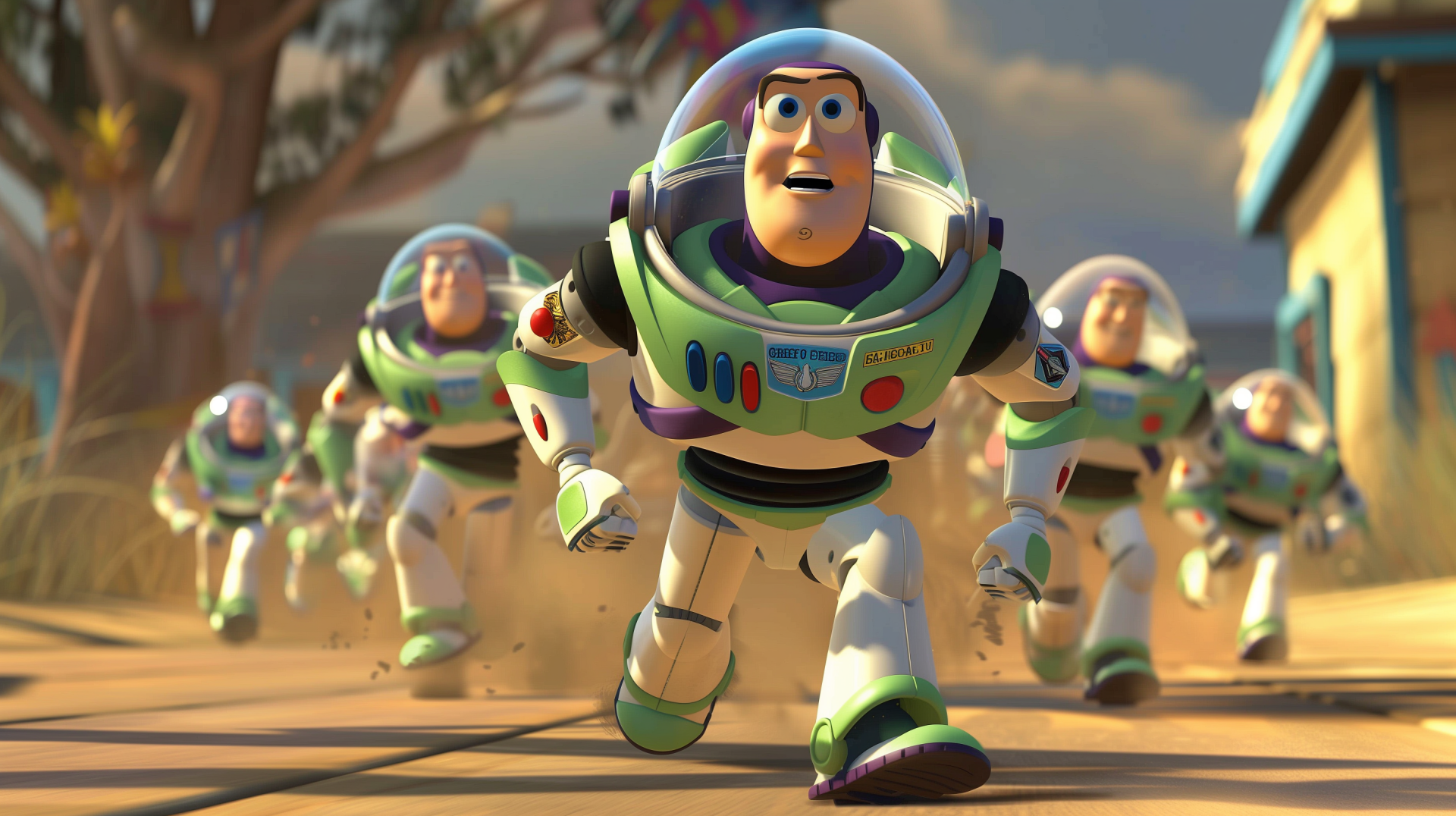 HD desktop wallpaper of Buzz Lightyear leading a group of Buzz Lightyears in a dynamic scene from the movie Toy Story.