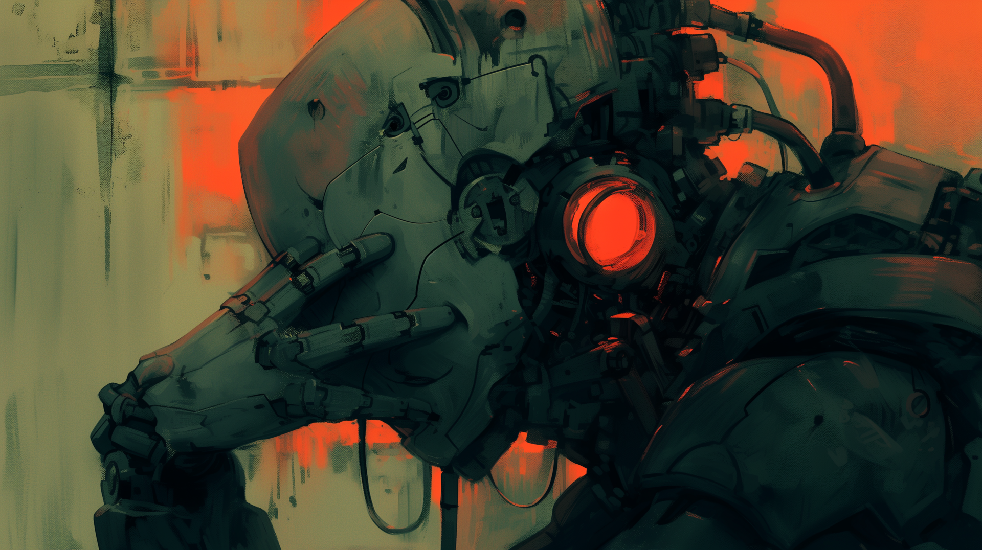 HD desktop wallpaper featuring a melancholic sci-fi robot with a glowing red eye in a moody, orange-tinted setting.