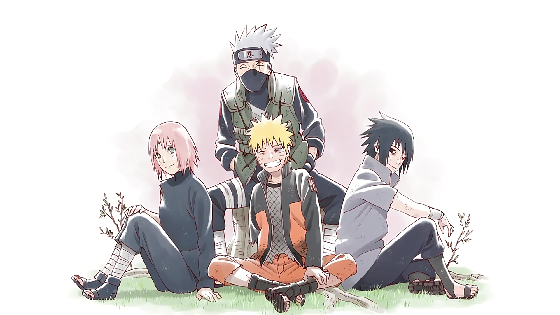 HD PC wallpaper featuring Naruto, Sasuke Uchiha, Sakura Haruno, and Kakashi Hatake sitting together in a calm, light-colored background.