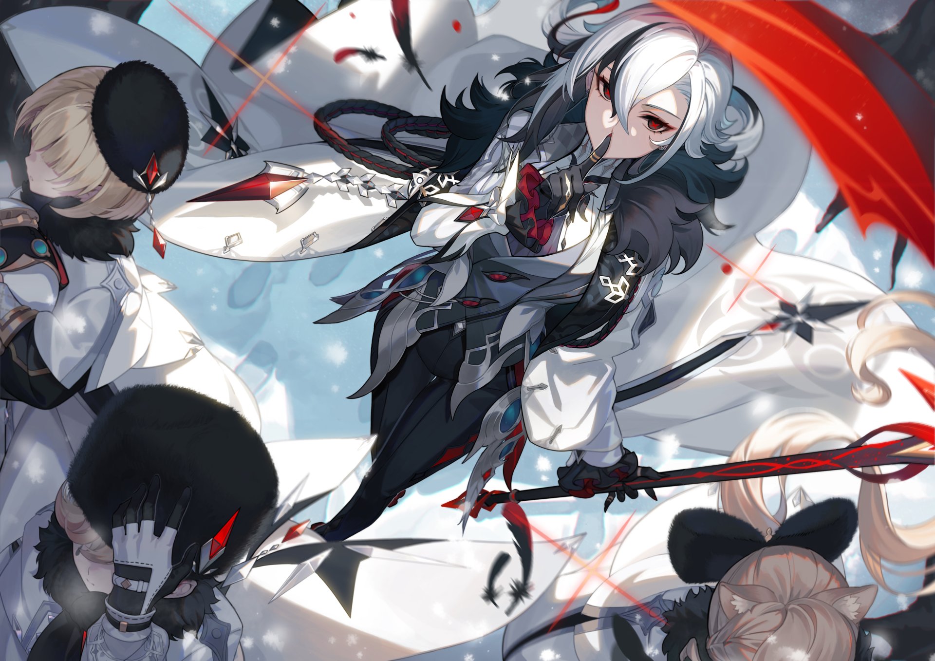 HD PC desktop wallpaper featuring Genshin Impact characters Arlecchino, Lyney, Lynette, and Freminet in dynamic, detailed artwork.