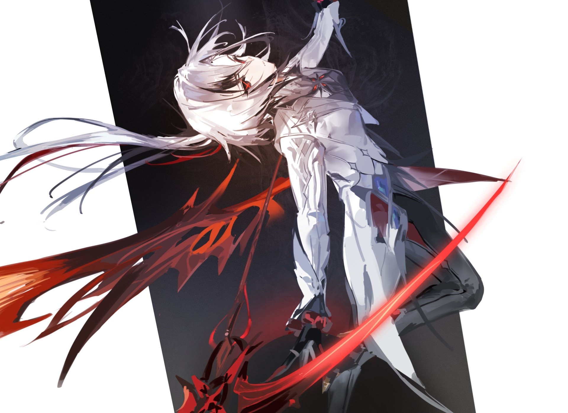 HD PC desktop wallpaper featuring Arlecchino from Genshin Impact with dynamic red and black accents against a contrasting white and dark background.