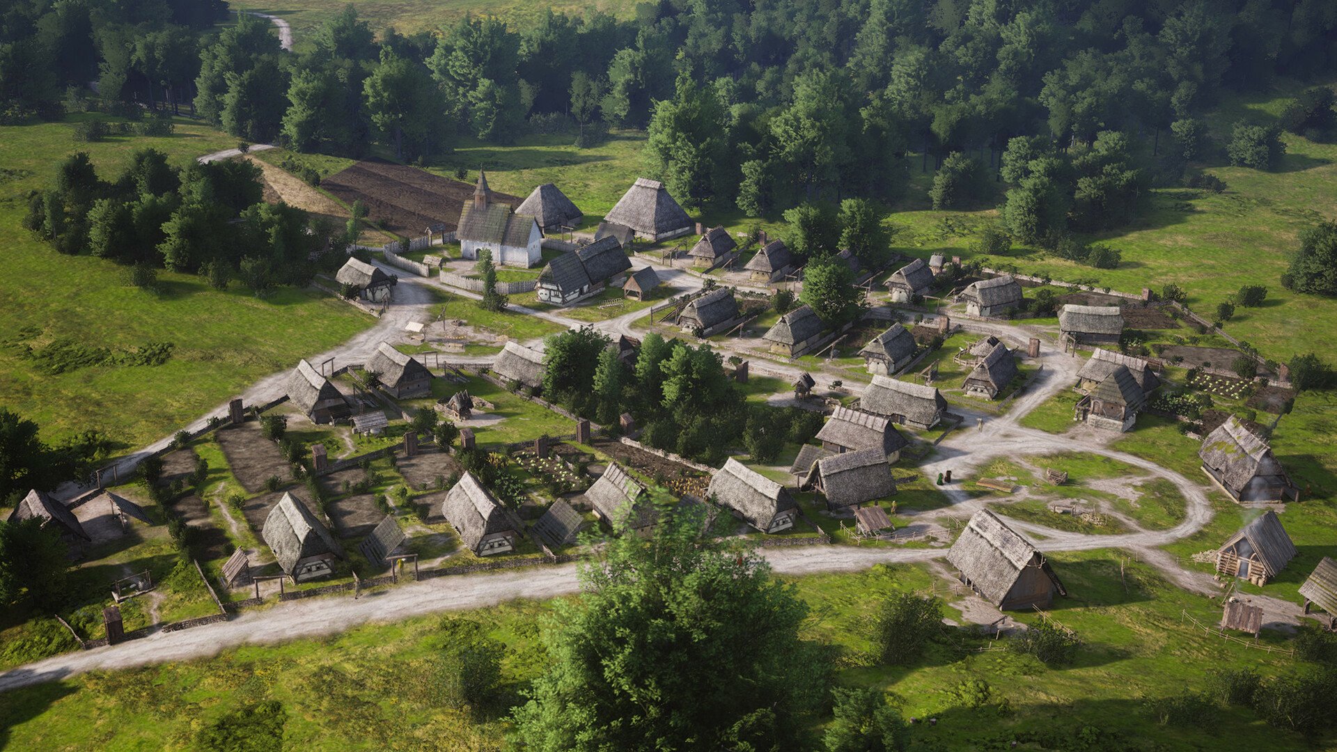 HD desktop wallpaper from the video game Manor Lords, showcasing a detailed medieval village with thatched-roof cottages and winding dirt roads.
