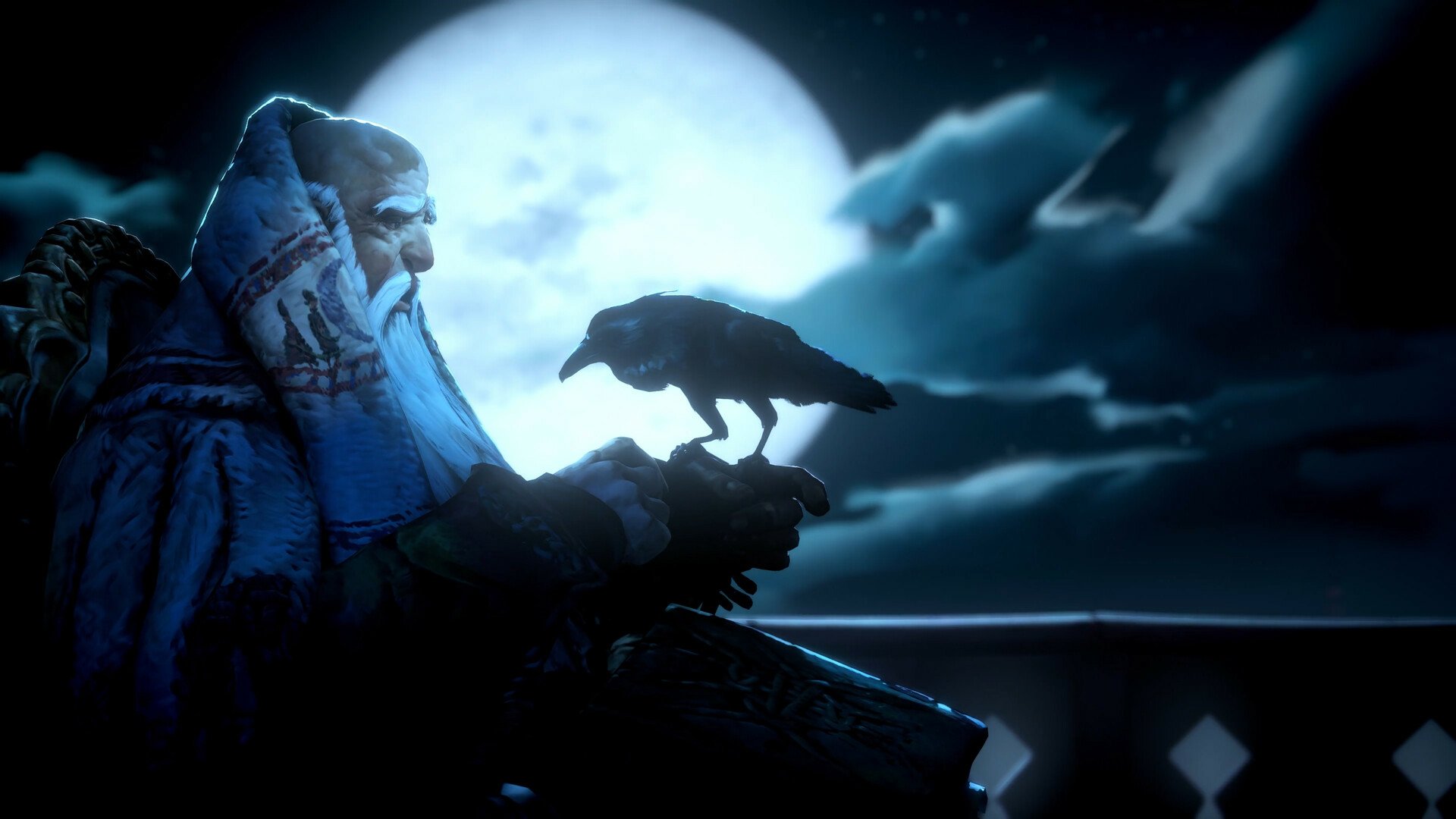 HD desktop wallpaper from the video game No Rest for the Wicked featuring a mystical figure with a raven perched on his hand under a moonlit sky.