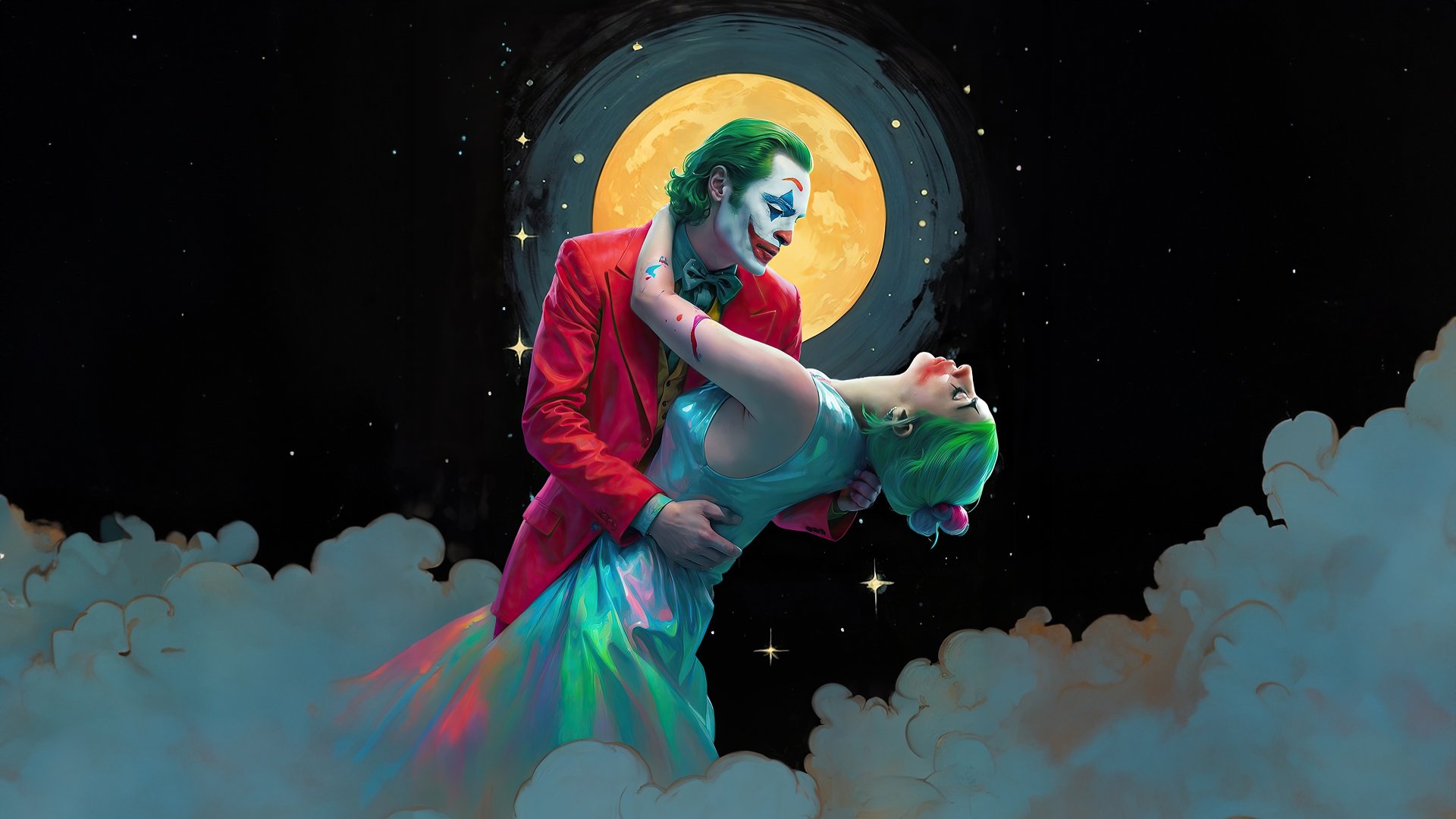HD wallpaper of Joaquin Phoenix and Lady Gaga as characters from Joker: Folie à Deux, depicted in a romantic dance among clouds under a moonlit sky.