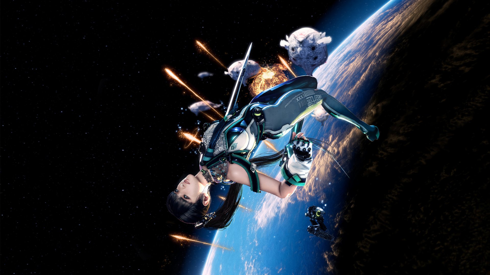 HD desktop wallpaper from the video game Stellar Blade, featuring a character in a futuristic suit soaring through space near Earth.