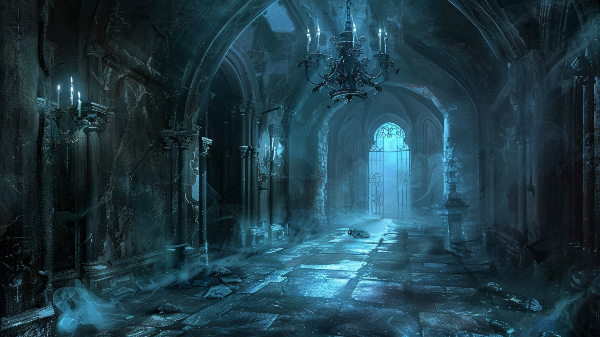 A blue-toned fantasy castle interior with ghostly mist and dim candlelight, creating a mysterious and eerie HD PC desktop wallpaper atmosphere.