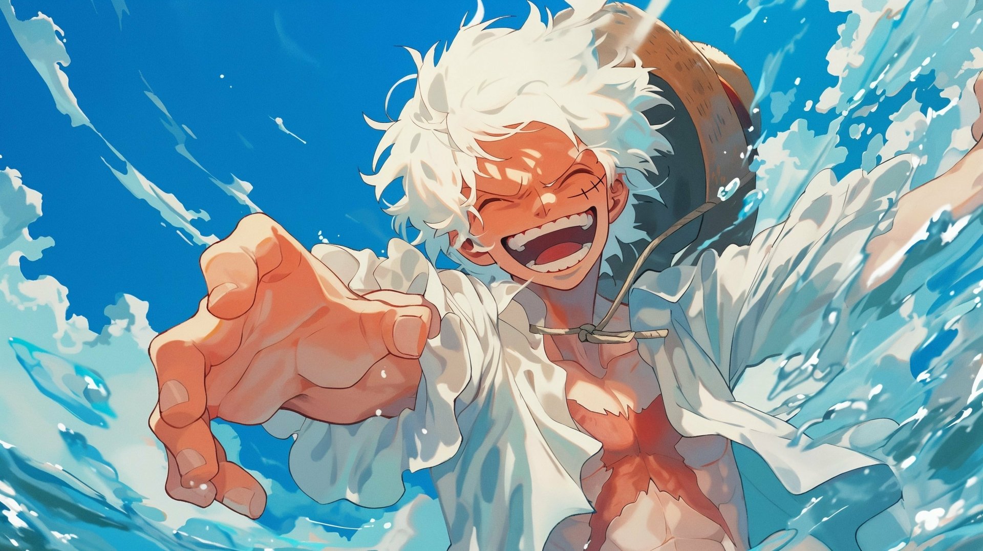 HD wallpaper featuring Monkey D. Luffy from One Piece in Gear 5, exuberantly bursting through a splash of water with a joyful expression.