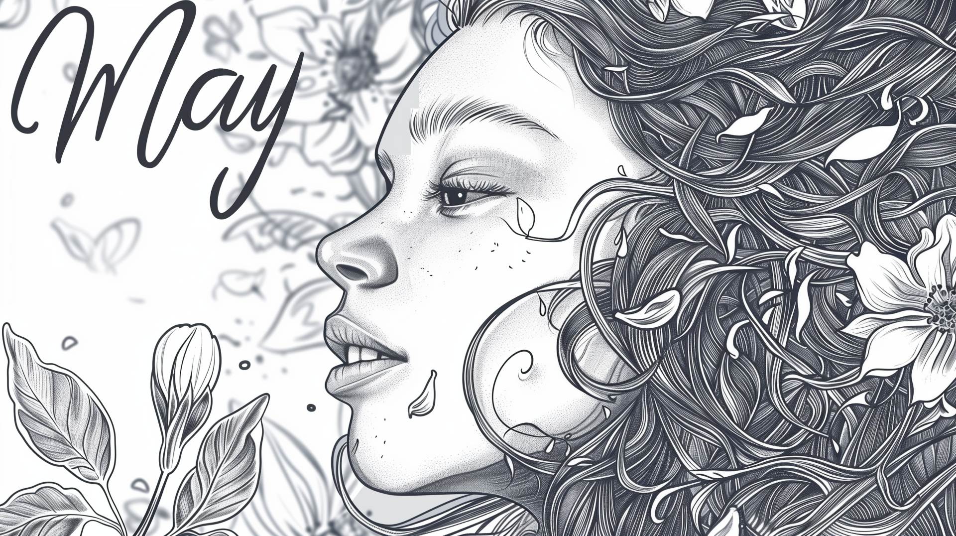 HD desktop wallpaper for May featuring a detailed illustration of a woman with floral and leaf designs entwined in her hair.