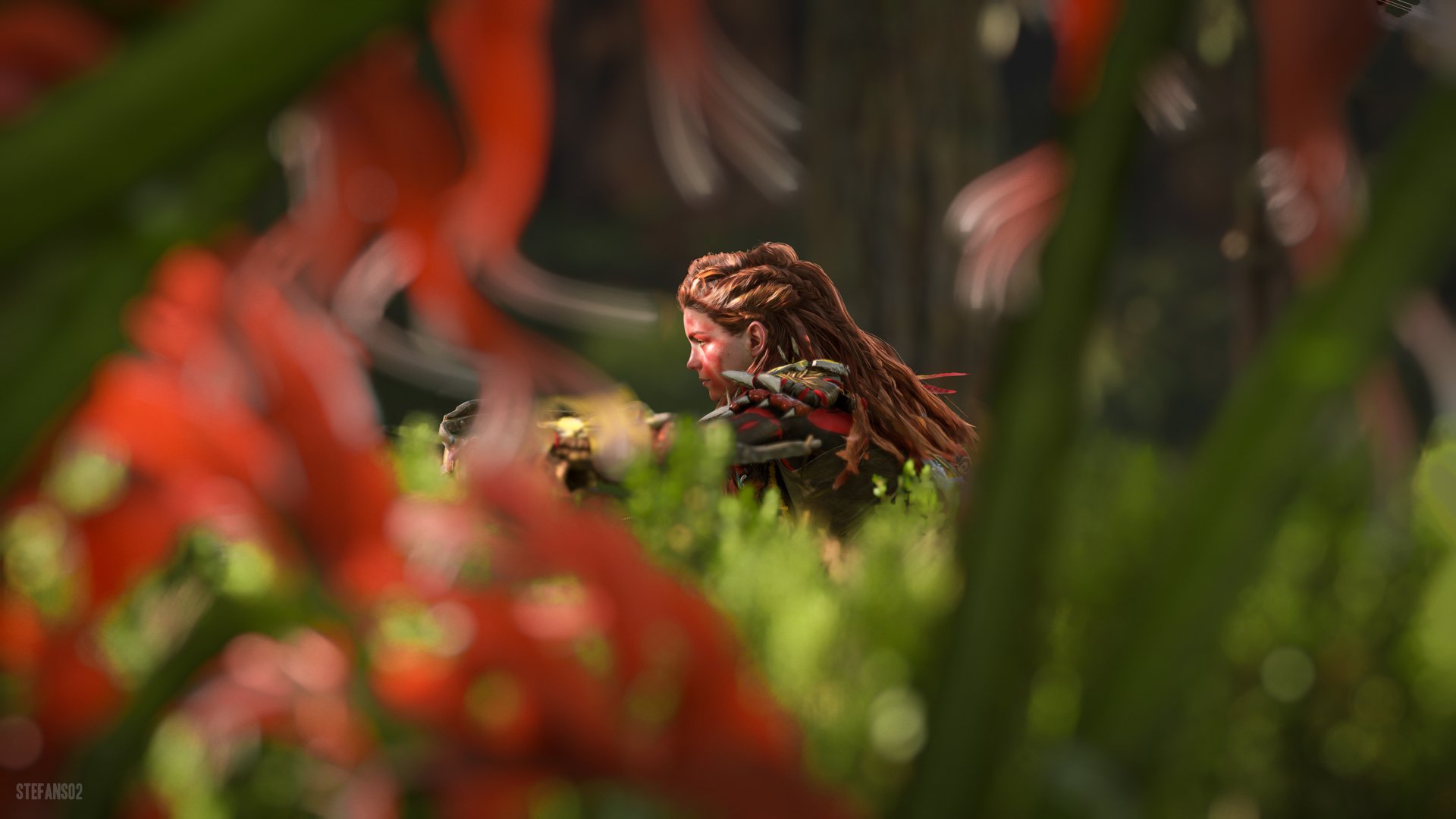 4K Ultra HD Horizon Forbidden West PC desktop wallpaper featuring a focused character partially obscured by vibrant red and green foliage.
