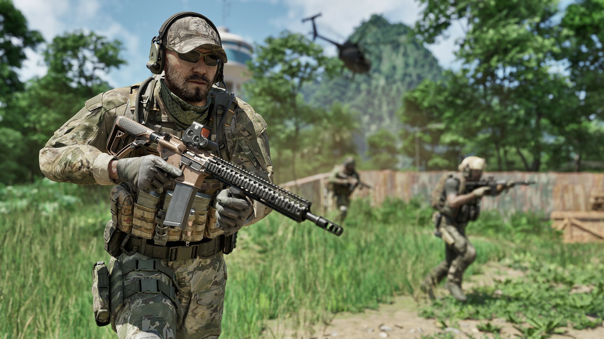 HD desktop wallpaper featuring soldiers in camo engaging in a battle, with a helicopter overhead, from the video game Gray Zone Warfare.