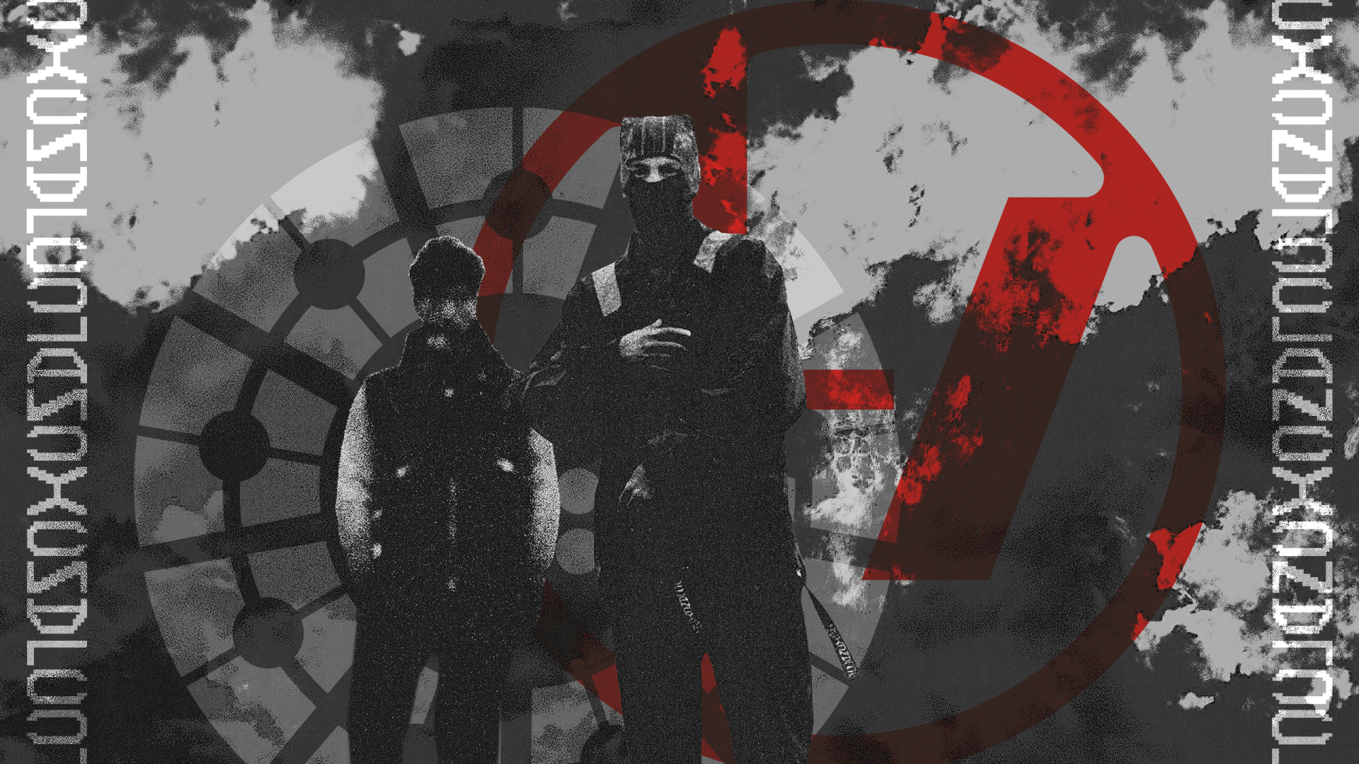HD desktop wallpaper featuring Twenty One Pilots members Josh Dun and Tyler Joseph with the band’s logo and dark, abstract background, including Clancy-themed elements.