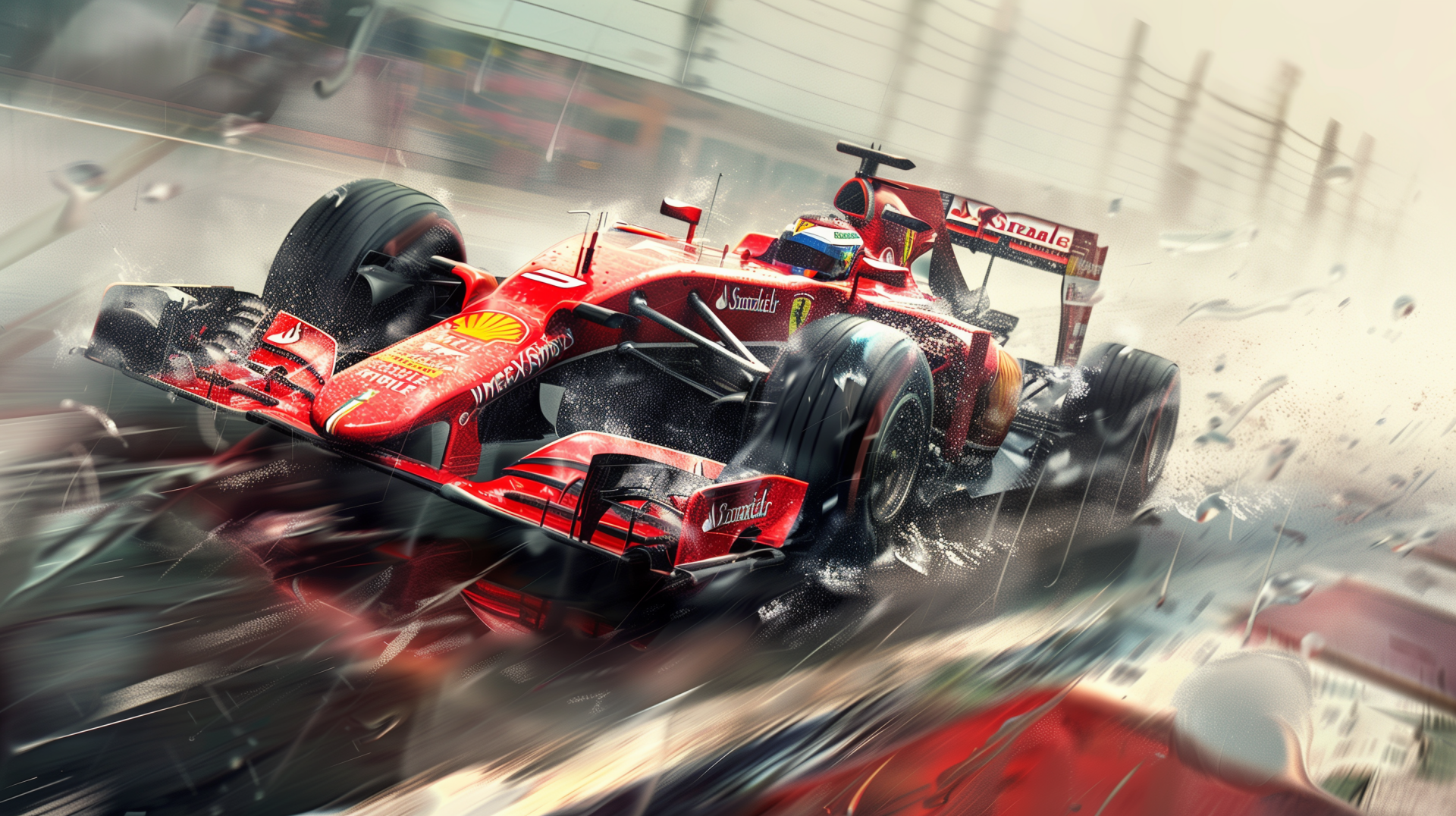 HD wallpaper featuring a dynamic Formula 1 race car speeding on a wet track, showcasing vibrant detail and intense motion.