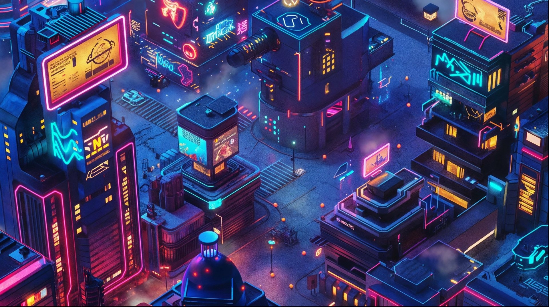HD desktop wallpaper featuring a vibrant isometric view of a cyberpunk cityscape at night, illuminated by neon lights and futuristic advertisements.