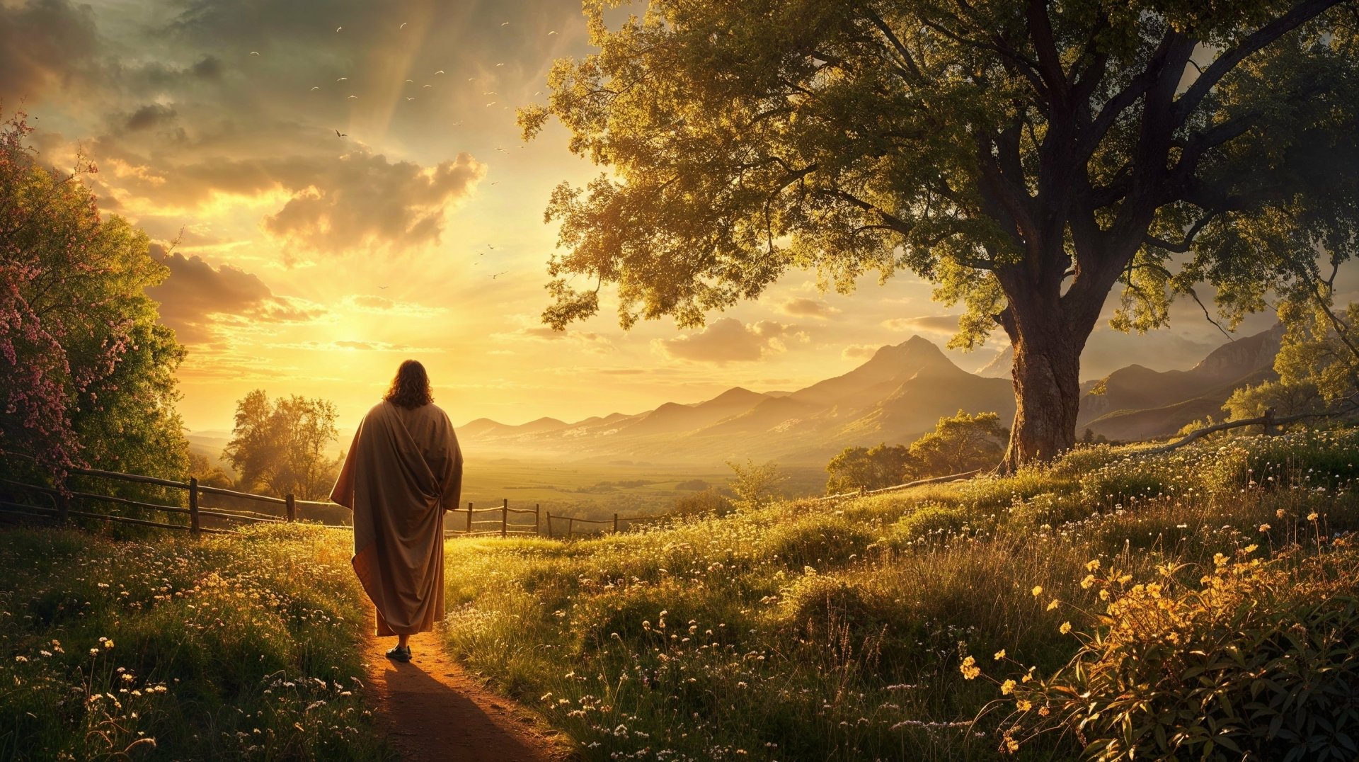 HD desktop wallpaper showing Jesus walking on a path through a lush nature scene with a radiant sunset in the background.
