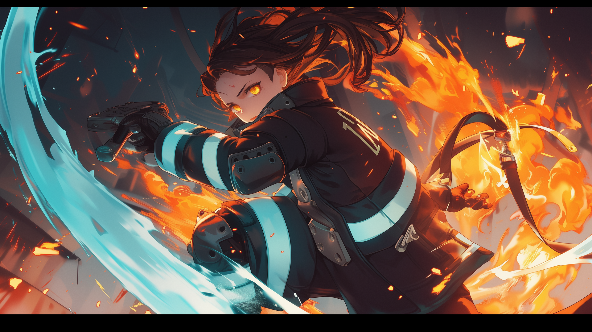 HD desktop wallpaper from Fire Force featuring Tamaki Kotatsu in dynamic battle stance surrounded by flames.
