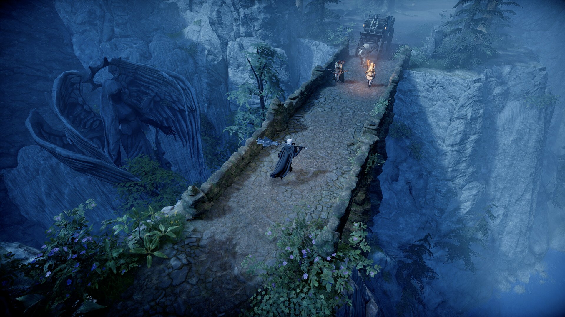 HD desktop wallpaper from the video game V Rising depicting a character crossing a stone bridge in a misty, moonlit forest with gothic statues.
