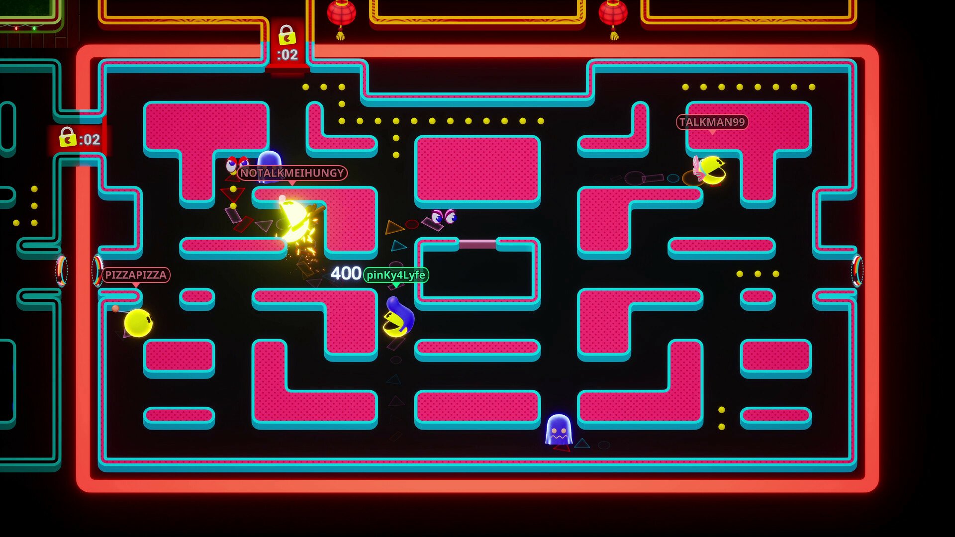 HD desktop wallpaper from PAC-MAN Mega Tunnel Battle: Chomp Champs featuring colorful game maze with multiple players.