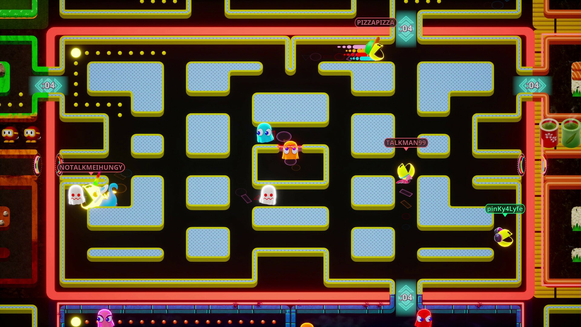 HD desktop wallpaper of PAC-MAN Mega Tunnel Battle: Chomp Champs video game, featuring colorful gameplay with multiple player icons navigating a classic maze.