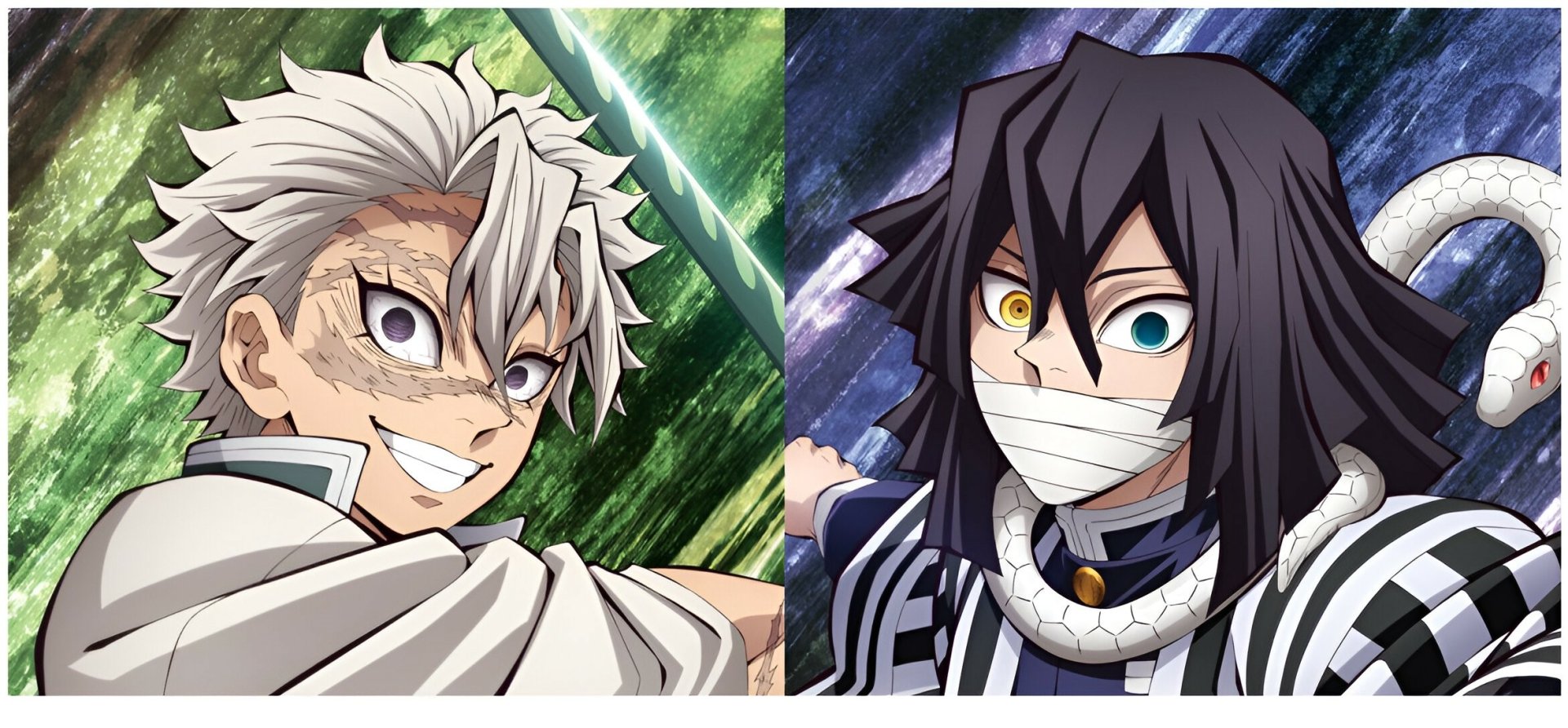 HD anime desktop wallpaper featuring Sanemi Shinazugawa and Obanai Iguro from Demon Slayer: Kimetsu no Yaiba in dynamic poses with vibrant backgrounds.