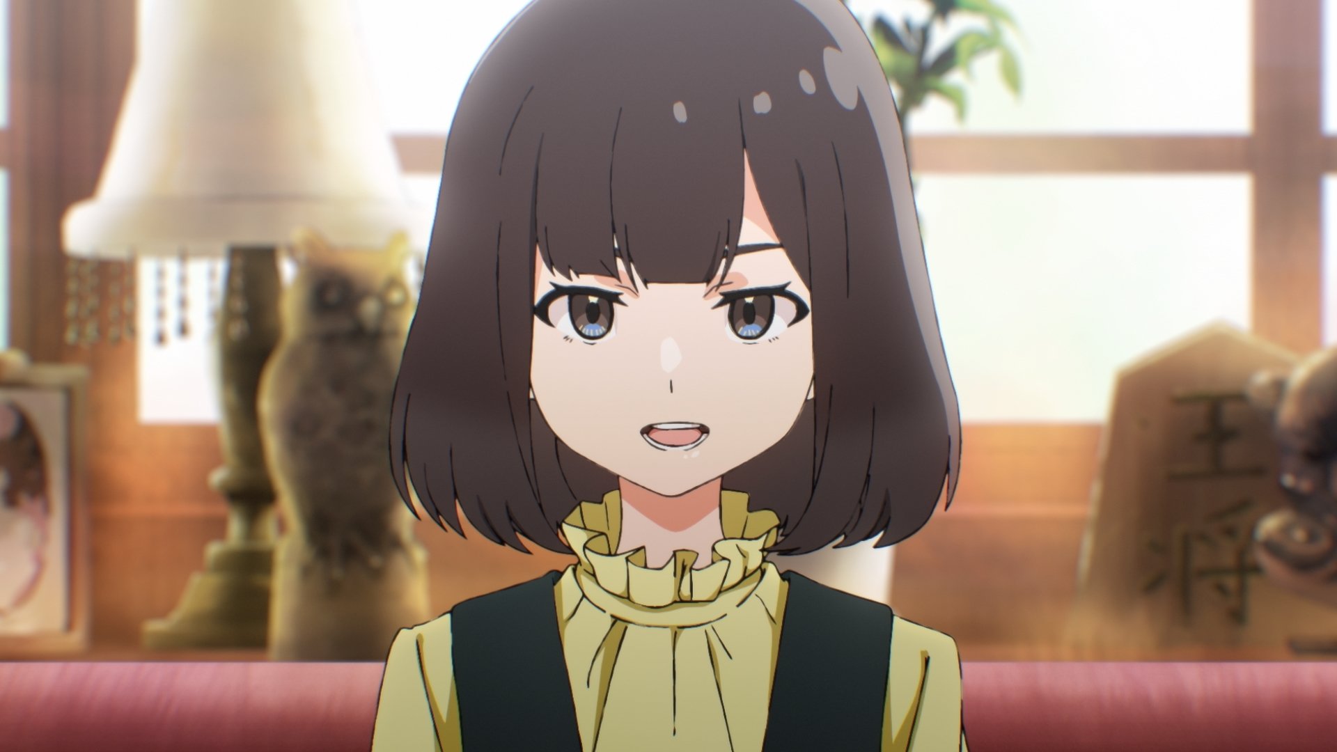 HD desktop wallpaper featuring an anime girl with short brown hair and a green blouse, sitting in an indoor setting.