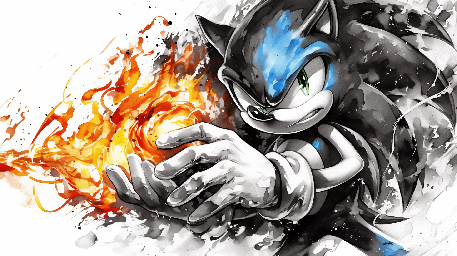 HD desktop wallpaper featuring Sonic the Hedgehog in a dynamic pose with fire and chaos in the background, styled in vivid black, white, and orange colors.