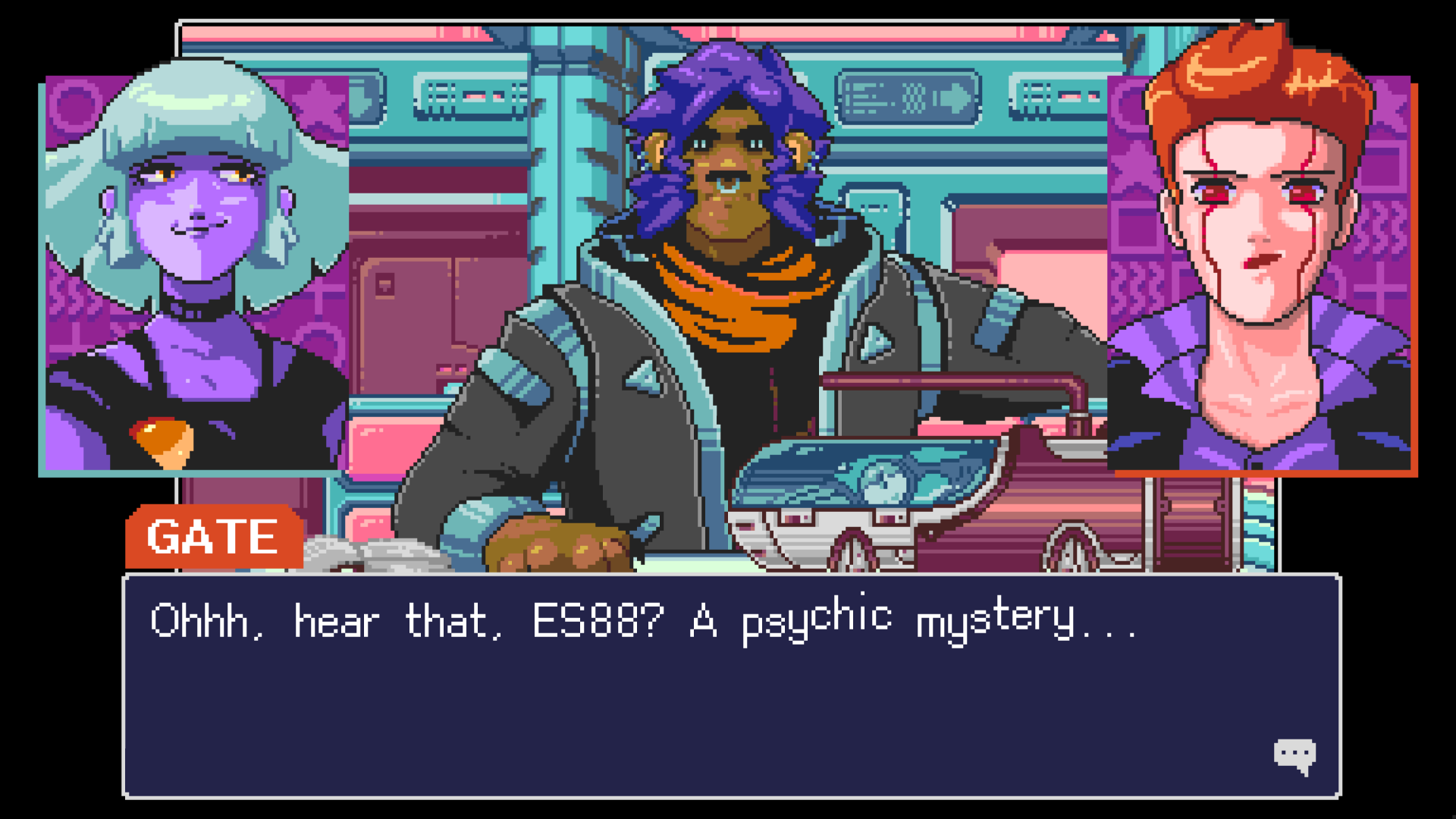 A vibrant HD wallpaper from the video game Read Only Memories: NEURODIVER, featuring characters engaged in a dialogue about a psychic mystery in a colorful, futuristic setting.